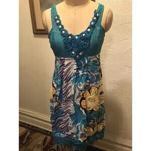 Farinelli Turquoise and Flower Lace Sun Dress 100% Cotton Size Small